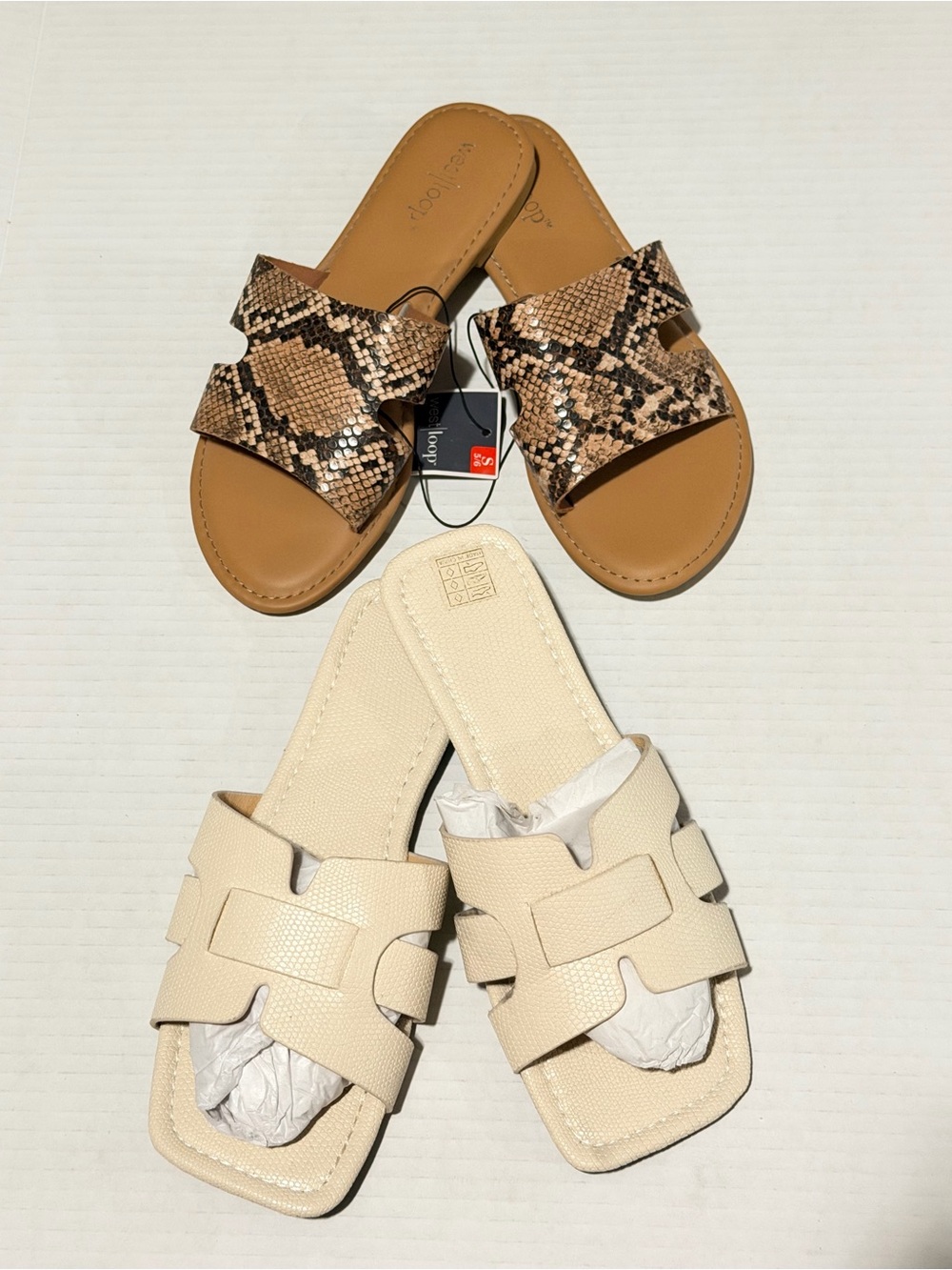 2 Pairs of Criss Cross Sandal, Snake Skin and Ivory Size 6